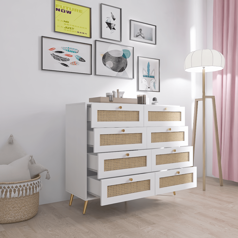 Elegant White 8 Drawer Chest With Rattan Fronts And Gold Legs And Handles