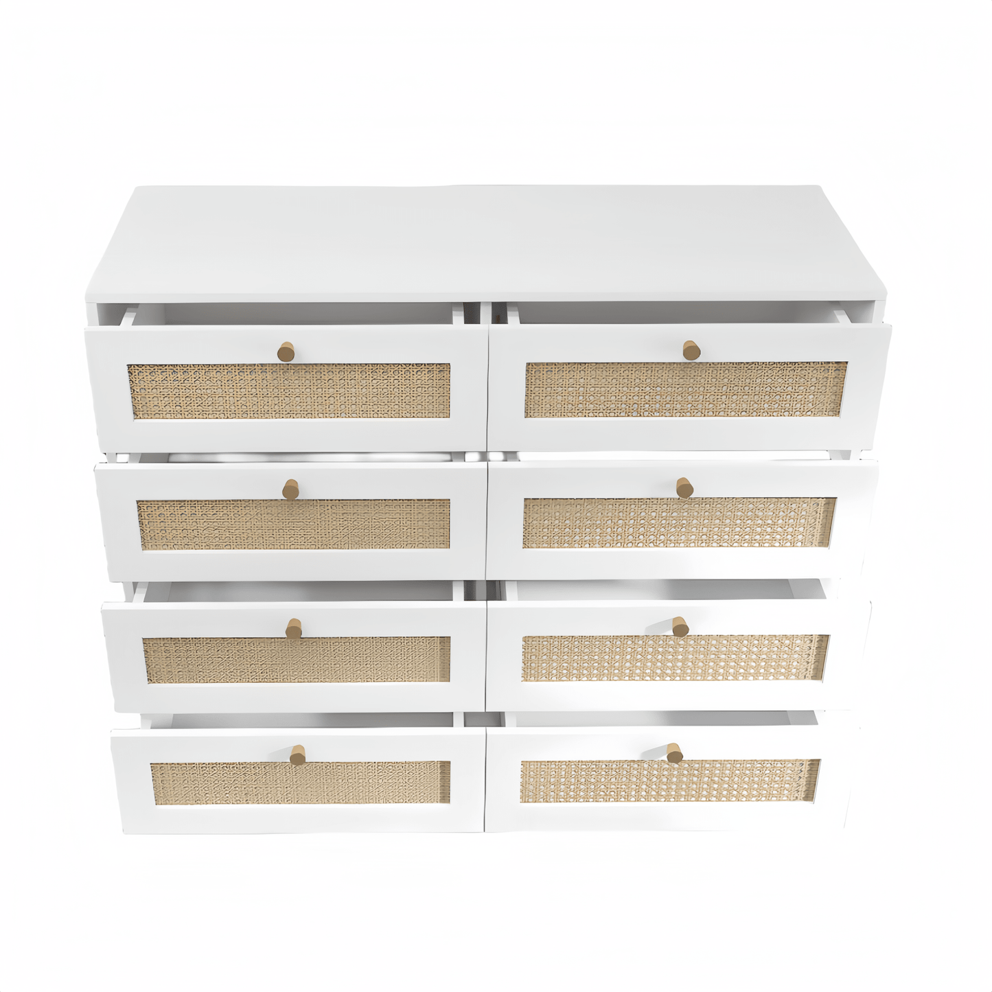 Elegant White 8 Drawer Chest With Rattan Fronts And Gold Legs And Handles
