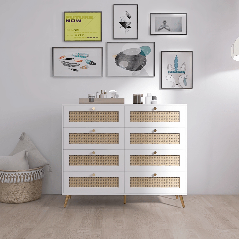 Elegant White 8 Drawer Chest With Rattan Fronts And Gold Legs And Handles