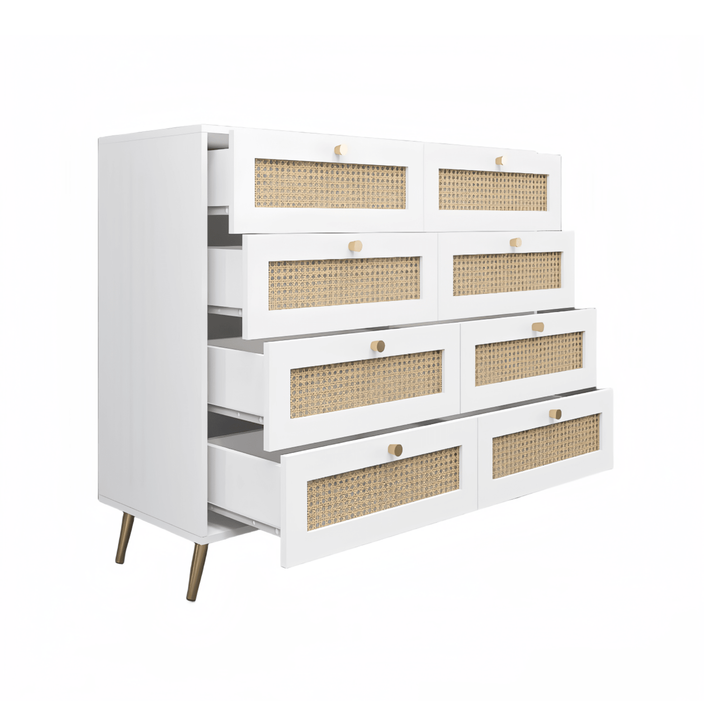 Elegant White 8 Drawer Chest With Rattan Fronts And Gold Legs And Handles