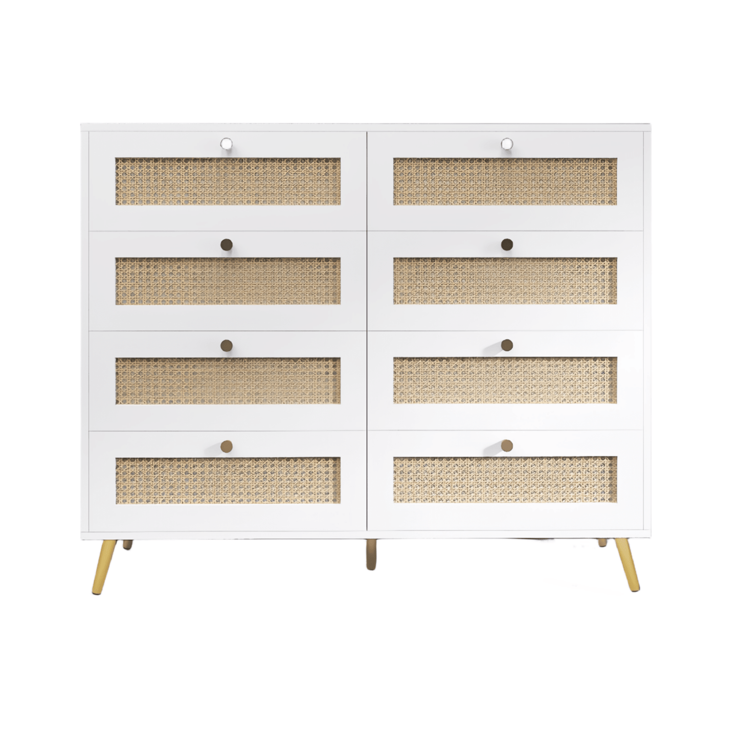 Elegant White 8 Drawer Chest With Rattan Fronts And Gold Legs And Handles