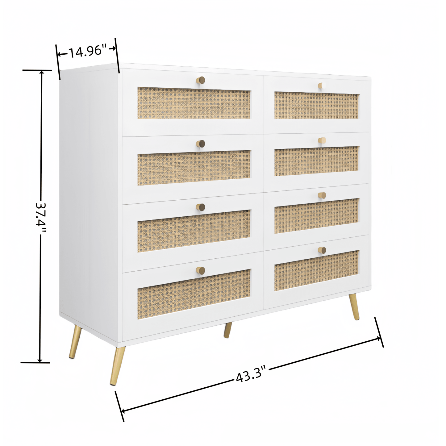 Elegant White 8 Drawer Chest With Rattan Fronts And Gold Legs And Handles