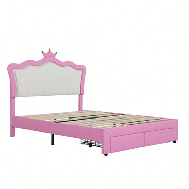 Modern Upholstered Princess Bed Frame With LED Lights And Crown Headboard, Pink And White Design, Features 2 Storage Drawers
