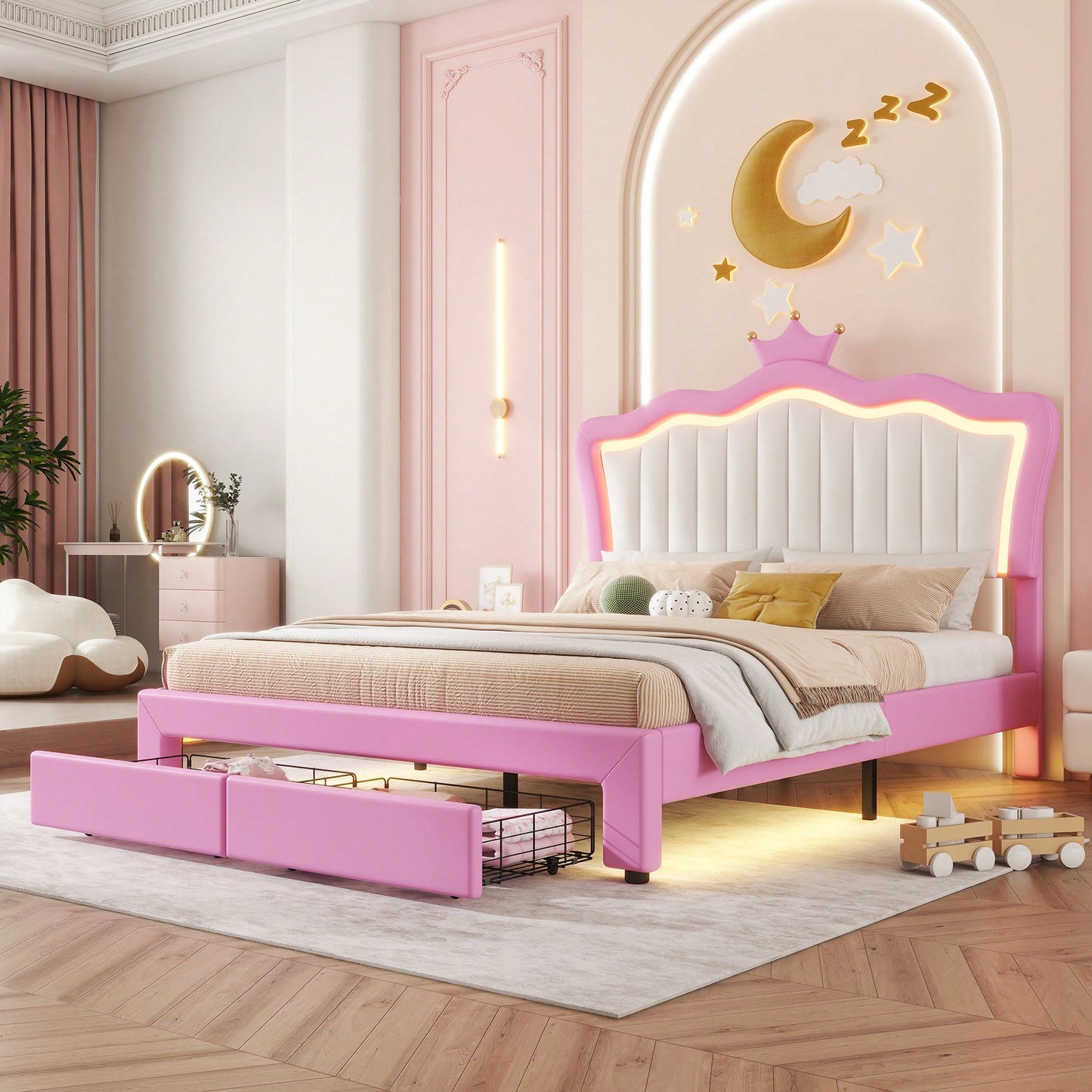 Modern Upholstered Princess Bed Frame With LED Lights And Crown Headboard, Pink And White Design, Features 2 Storage Drawers