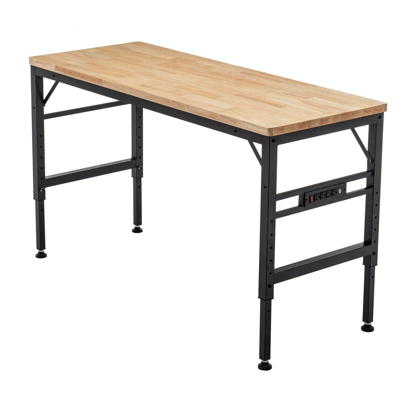 Heavy Duty 60 Inch Adjustable Height Workbench With Rubber Wood Top And Power Outlets, 2000 Lbs Load Capacity For Workshop, Garage, Office And Home Use