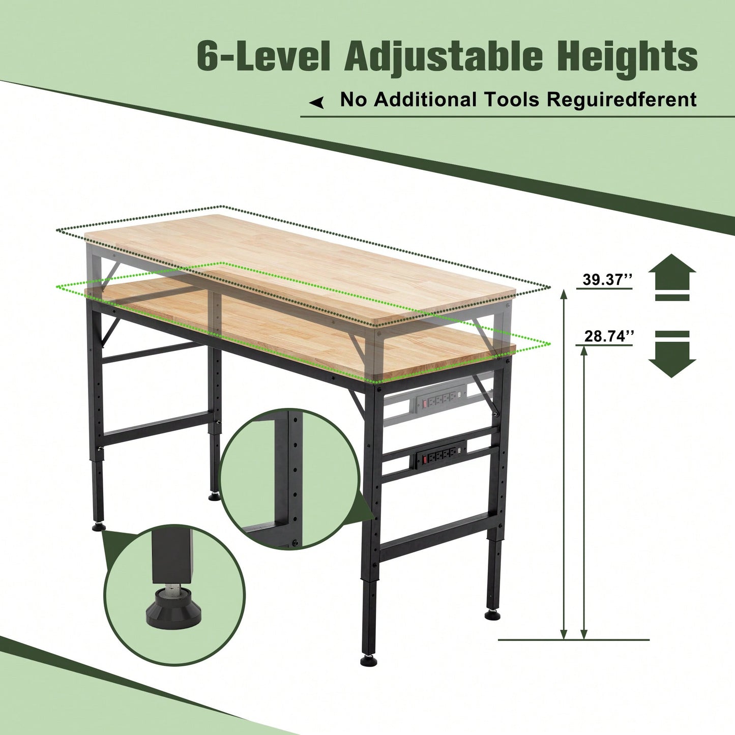Heavy Duty 60 Inch Adjustable Height Workbench With Rubber Wood Top And Power Outlets, 2000 Lbs Load Capacity For Workshop, Garage, Office And Home Use