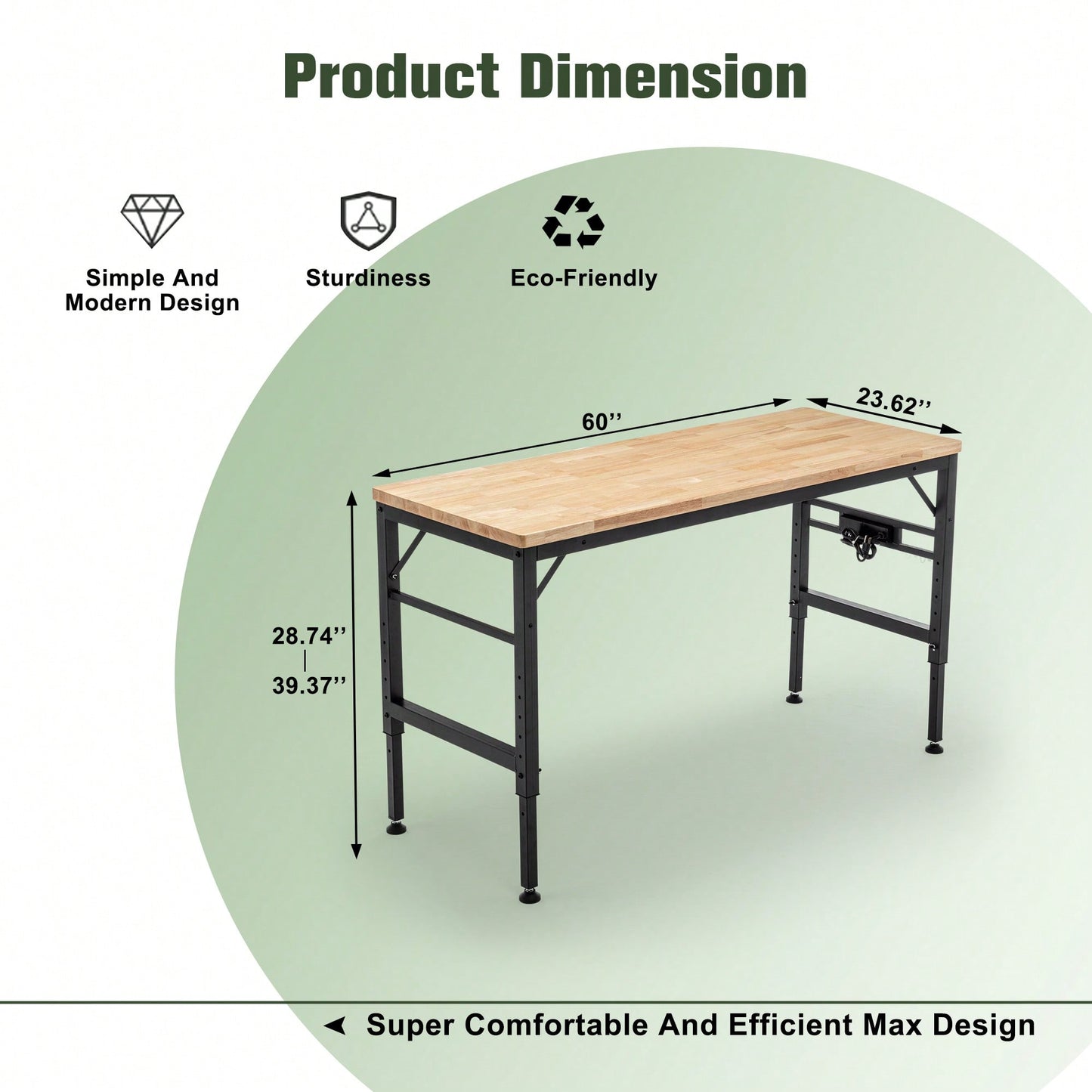 Heavy Duty 60 Inch Adjustable Height Workbench With Rubber Wood Top And Power Outlets, 2000 Lbs Load Capacity For Workshop, Garage, Office And Home Use