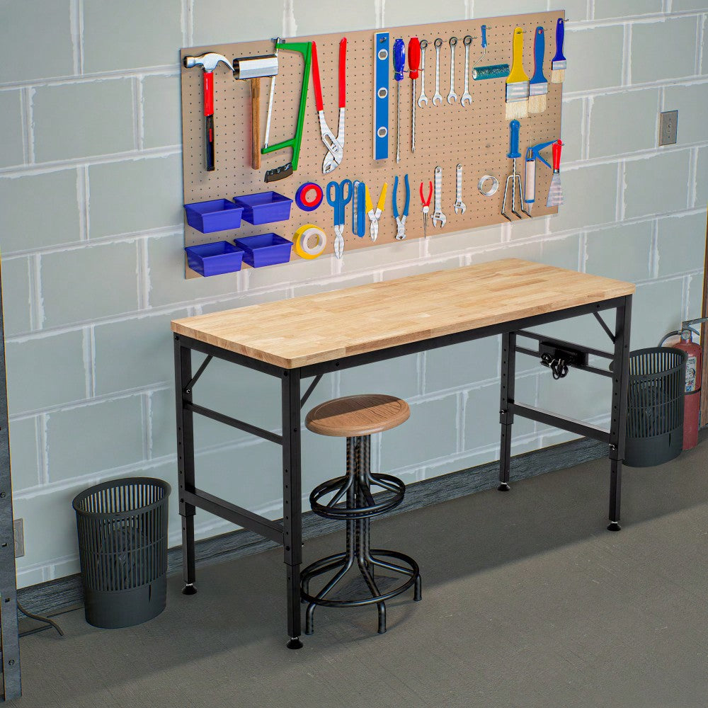 Heavy Duty 60 Inch Adjustable Height Workbench With Rubber Wood Top And Power Outlets, 2000 Lbs Load Capacity For Workshop, Garage, Office And Home Use