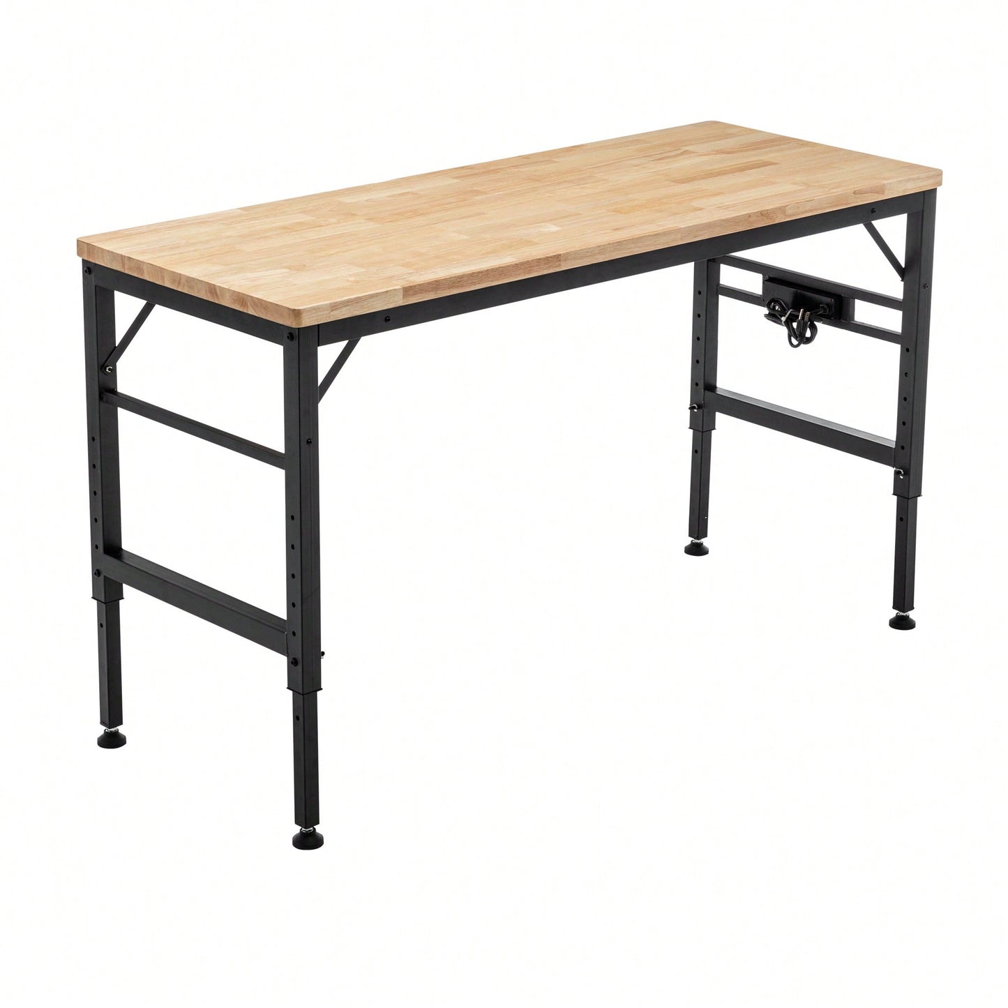 Heavy Duty 60 Inch Adjustable Height Workbench With Rubber Wood Top And Power Outlets, 2000 Lbs Load Capacity For Workshop, Garage, Office And Home Use