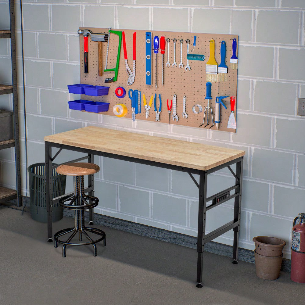 Heavy Duty 60 Inch Adjustable Height Workbench With Rubber Wood Top And Power Outlets, 2000 Lbs Load Capacity For Workshop, Garage, Office And Home Use