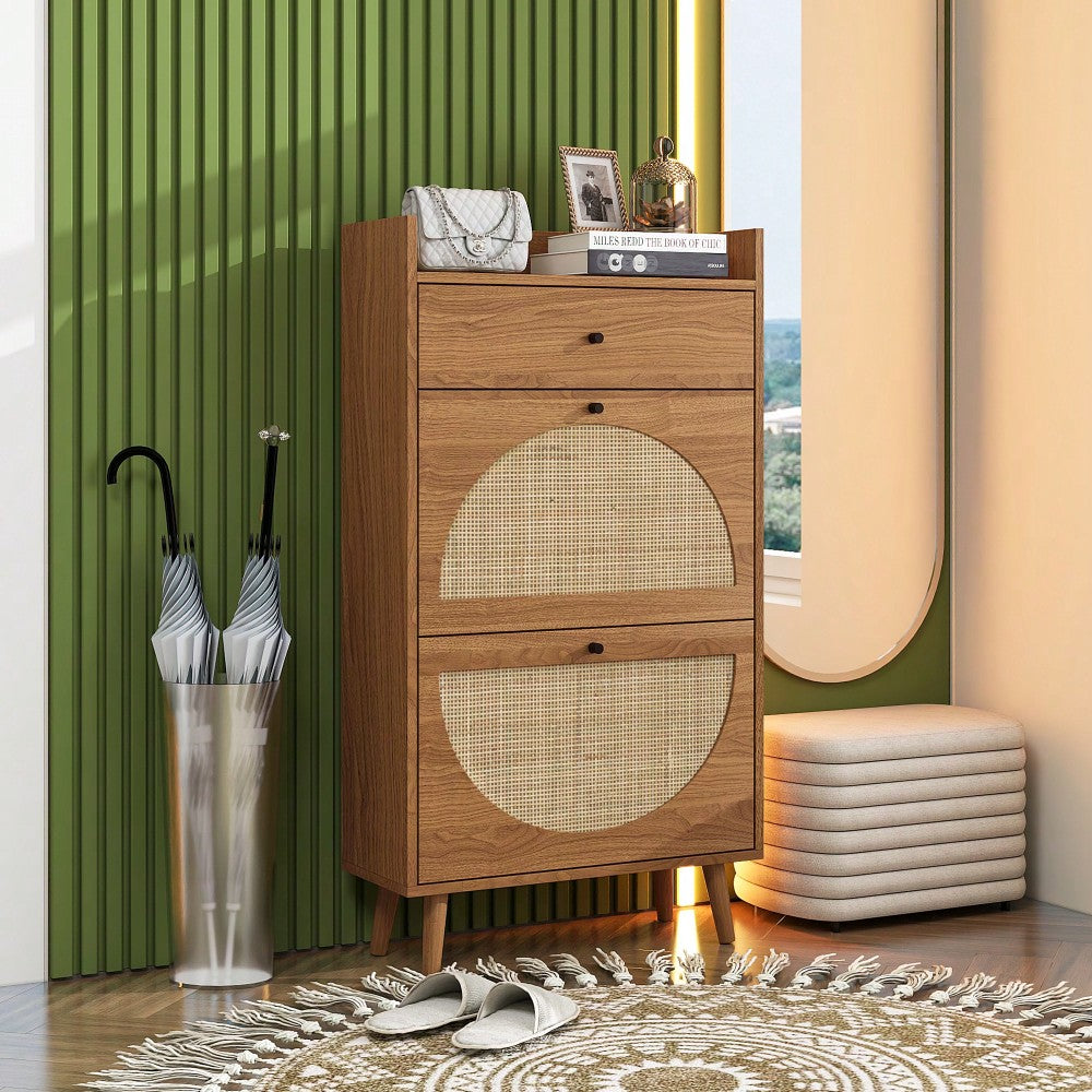 Stylish Double Layer Shoe Rack With 2 Doors And 1 Drawer For Entryway Organization