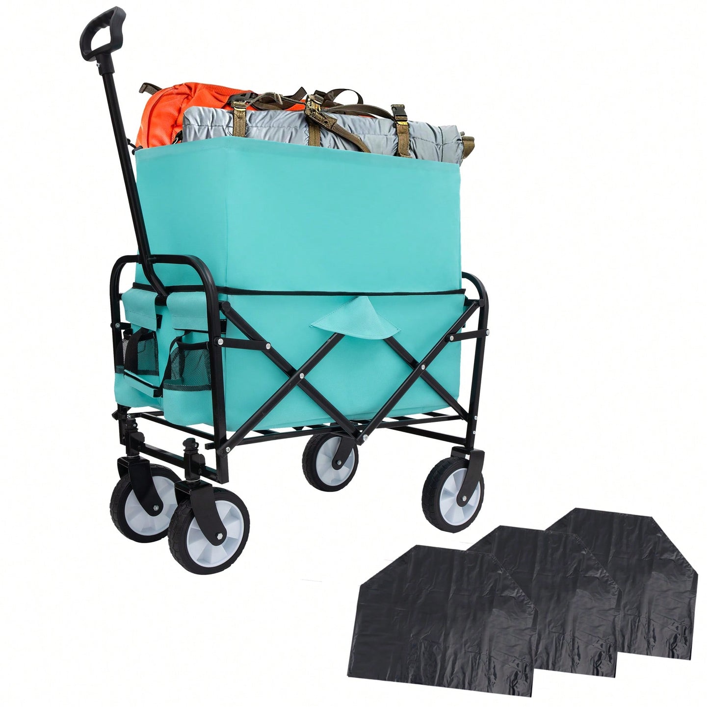 Collapsible Foldable Utility Wagon Cart With Strapping System For Beach Camping Shopping Gardening Fishing Supports 225lbs All-Terrain Wheels Blue