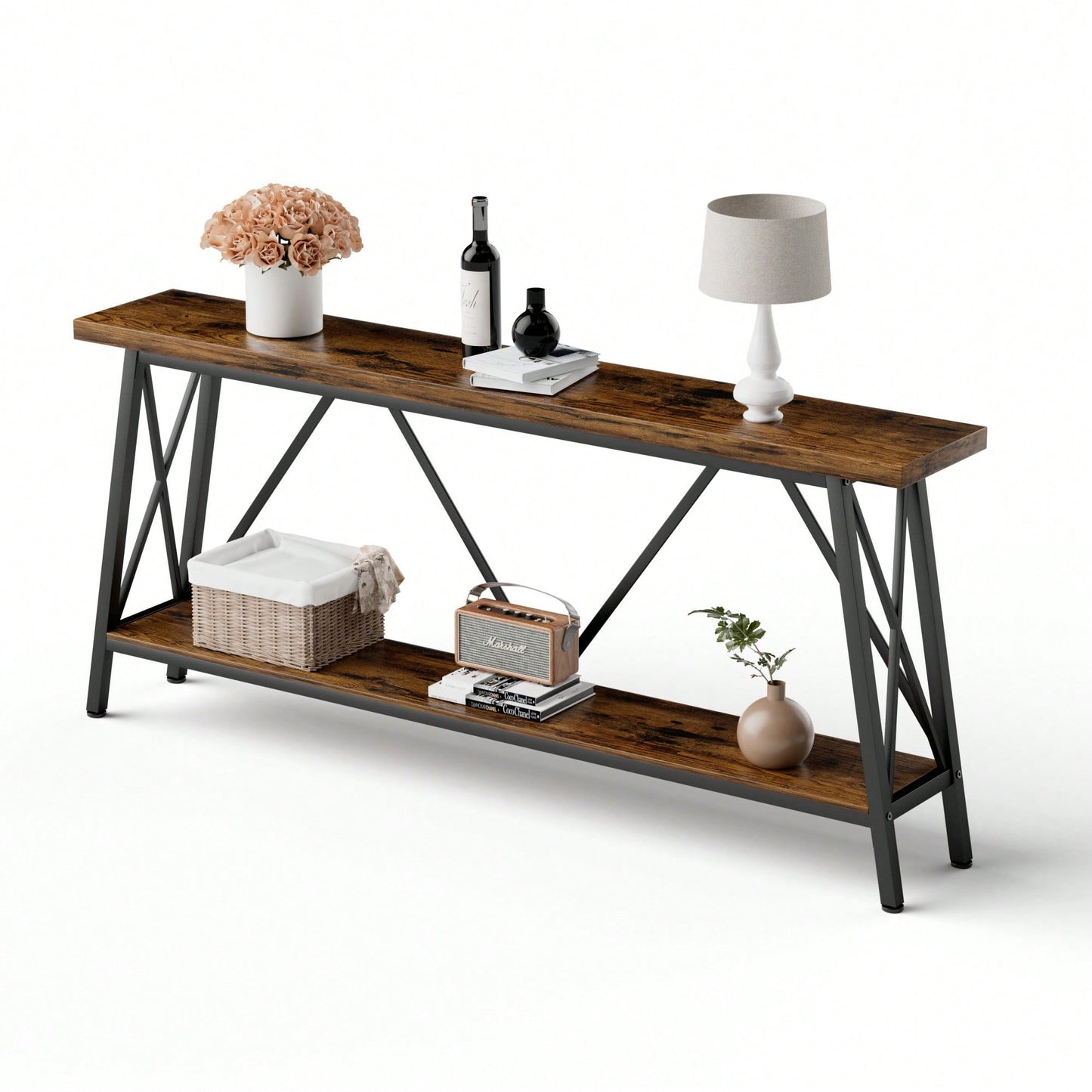 Extra Long 70.9 Inch Rustic Gray Console Table With 2 Tier Storage Shelves For Hallways Living Rooms And Entryways