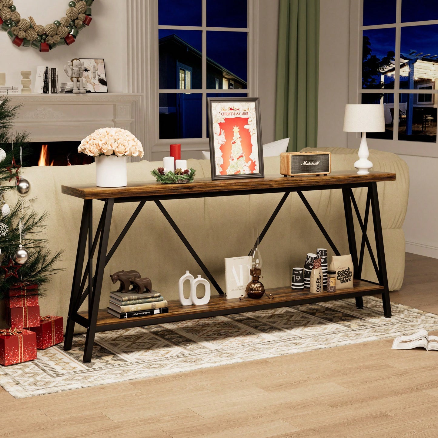 Extra Long 70.9 Inch Rustic Gray Console Table With 2 Tier Storage Shelves For Hallways Living Rooms And Entryways