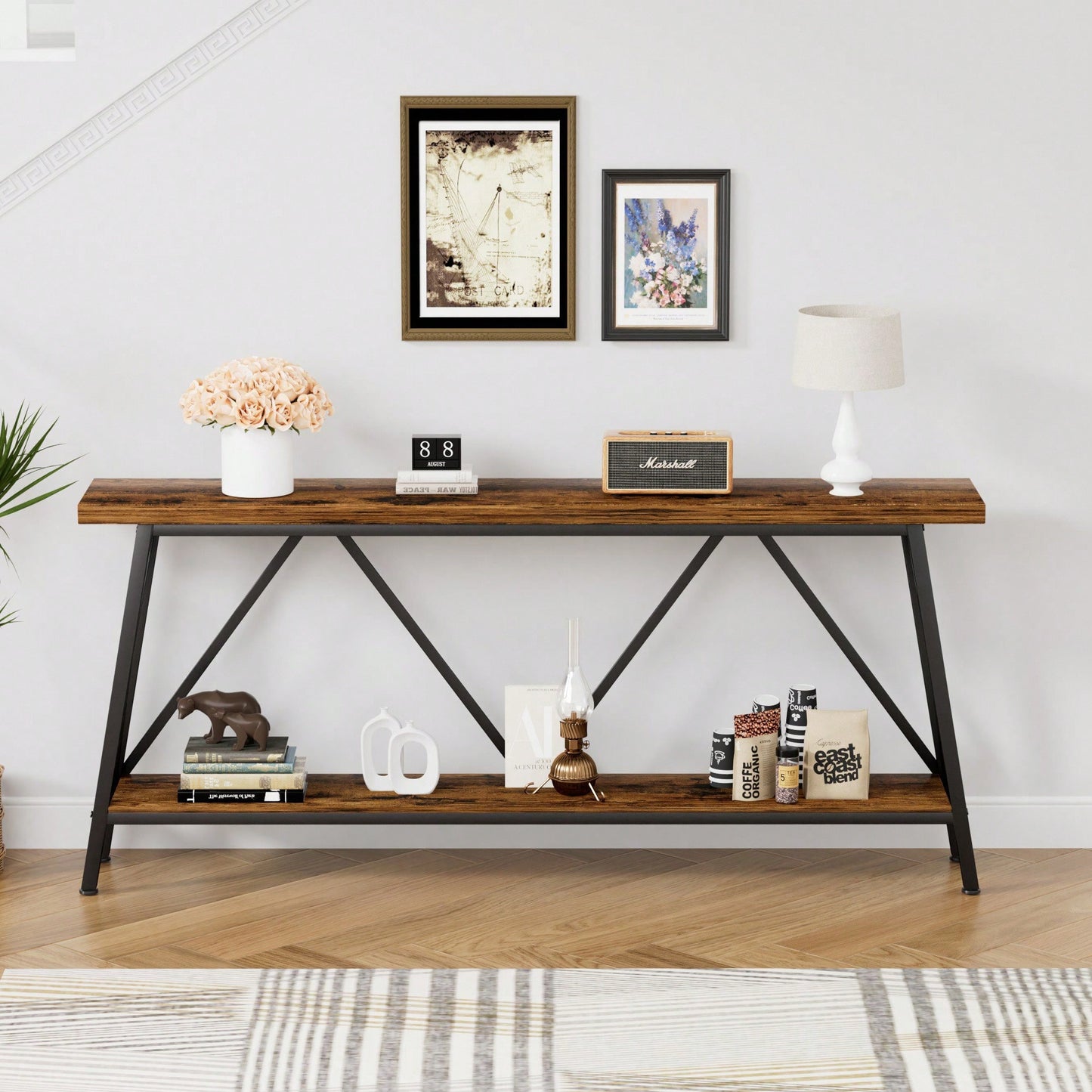 Extra Long 70.9 Inch Rustic Gray Console Table With 2 Tier Storage Shelves For Hallways Living Rooms And Entryways