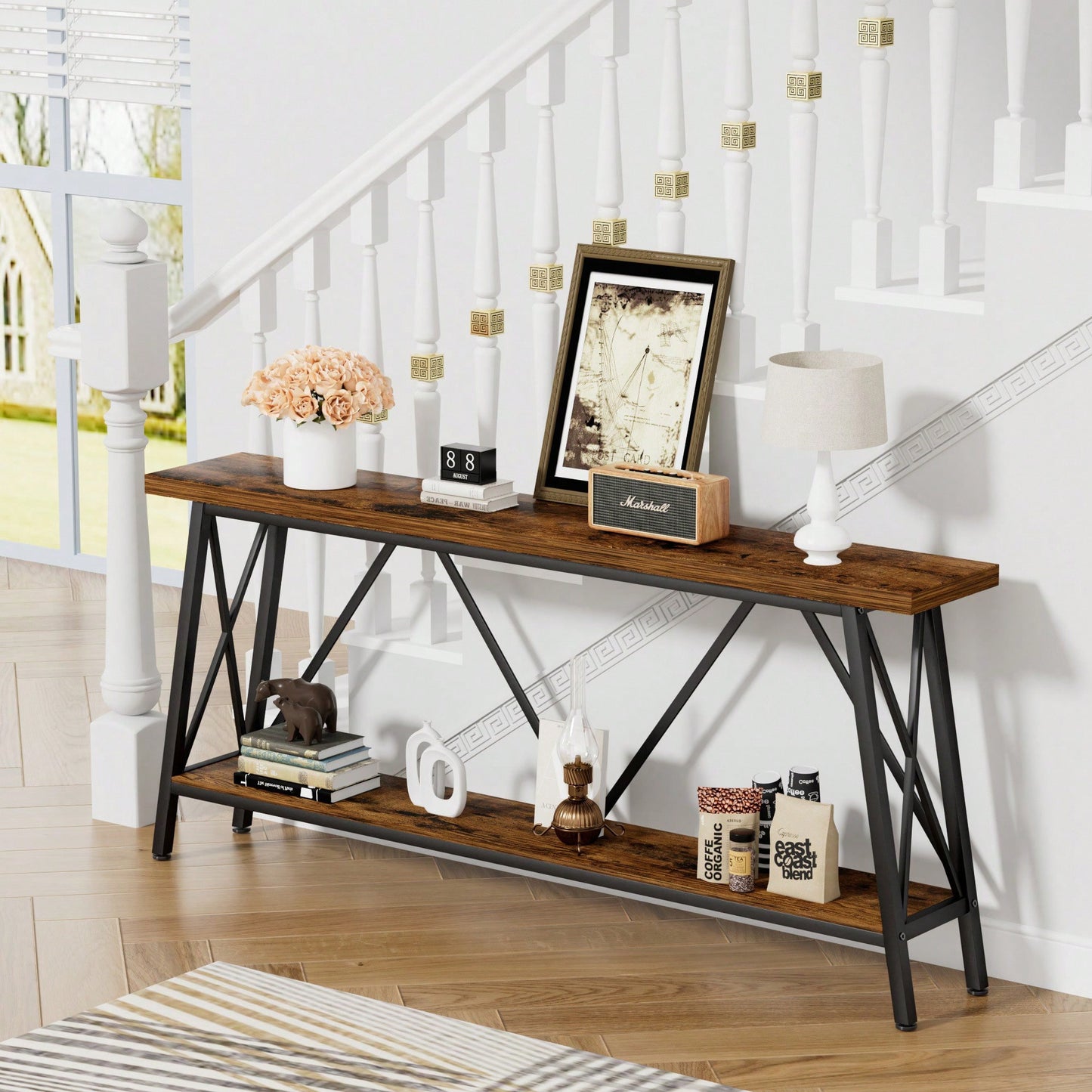 Extra Long 70.9 Inch Rustic Gray Console Table With 2 Tier Storage Shelves For Hallways Living Rooms And Entryways