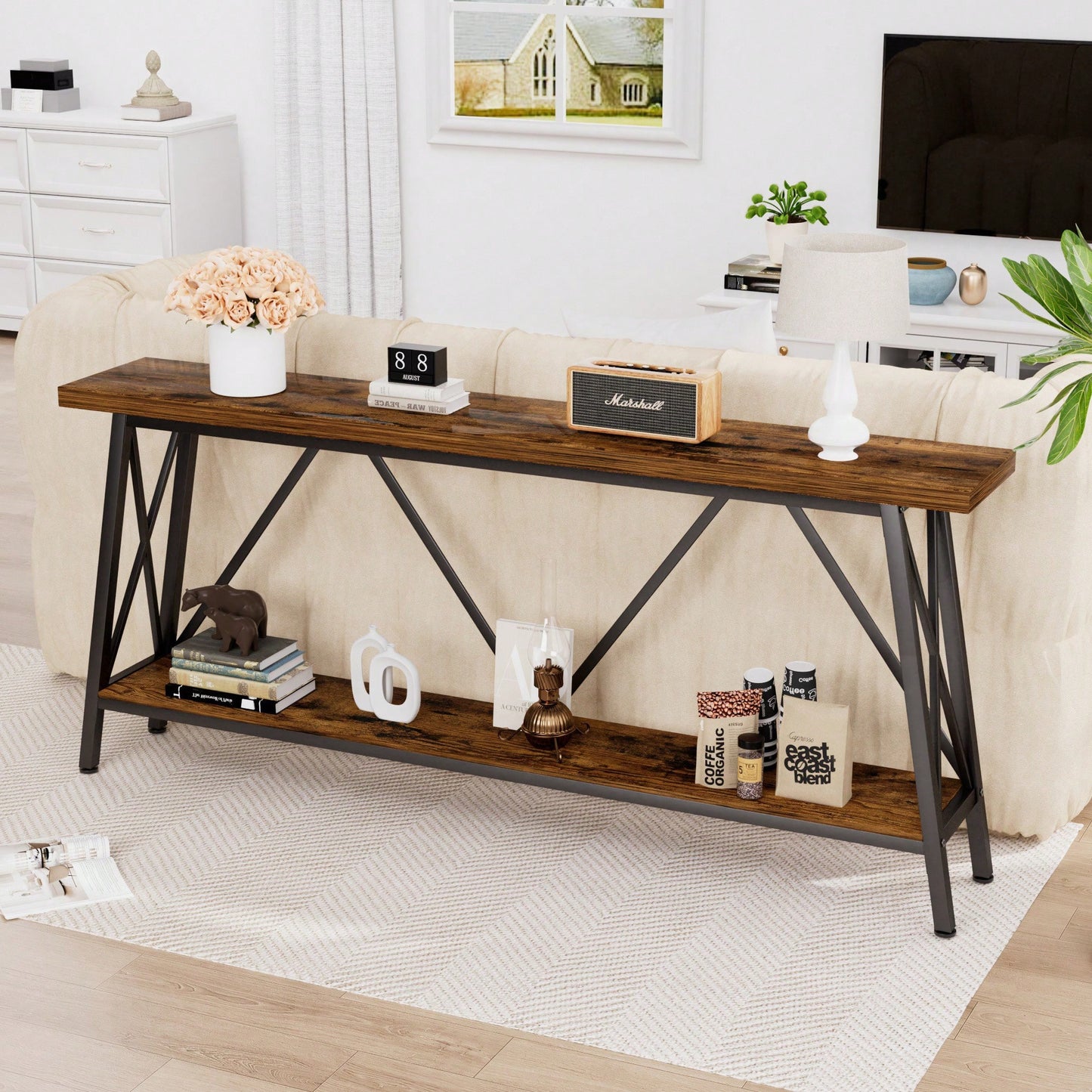 Extra Long 70.9 Inch Rustic Gray Console Table With 2 Tier Storage Shelves For Hallways Living Rooms And Entryways