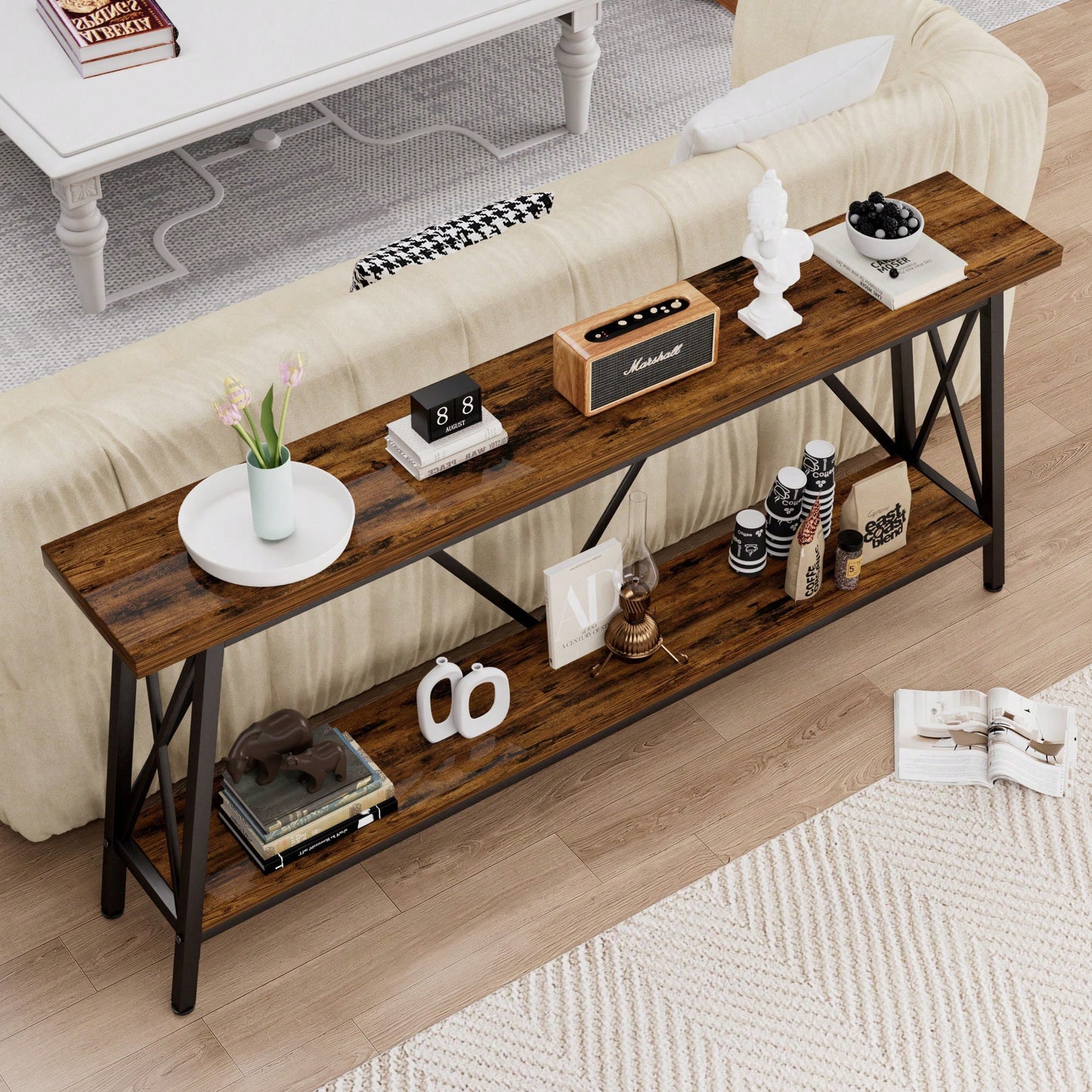 Extra Long 70.9 Inch Rustic Gray Console Table With 2 Tier Storage Shelves For Hallways Living Rooms And Entryways