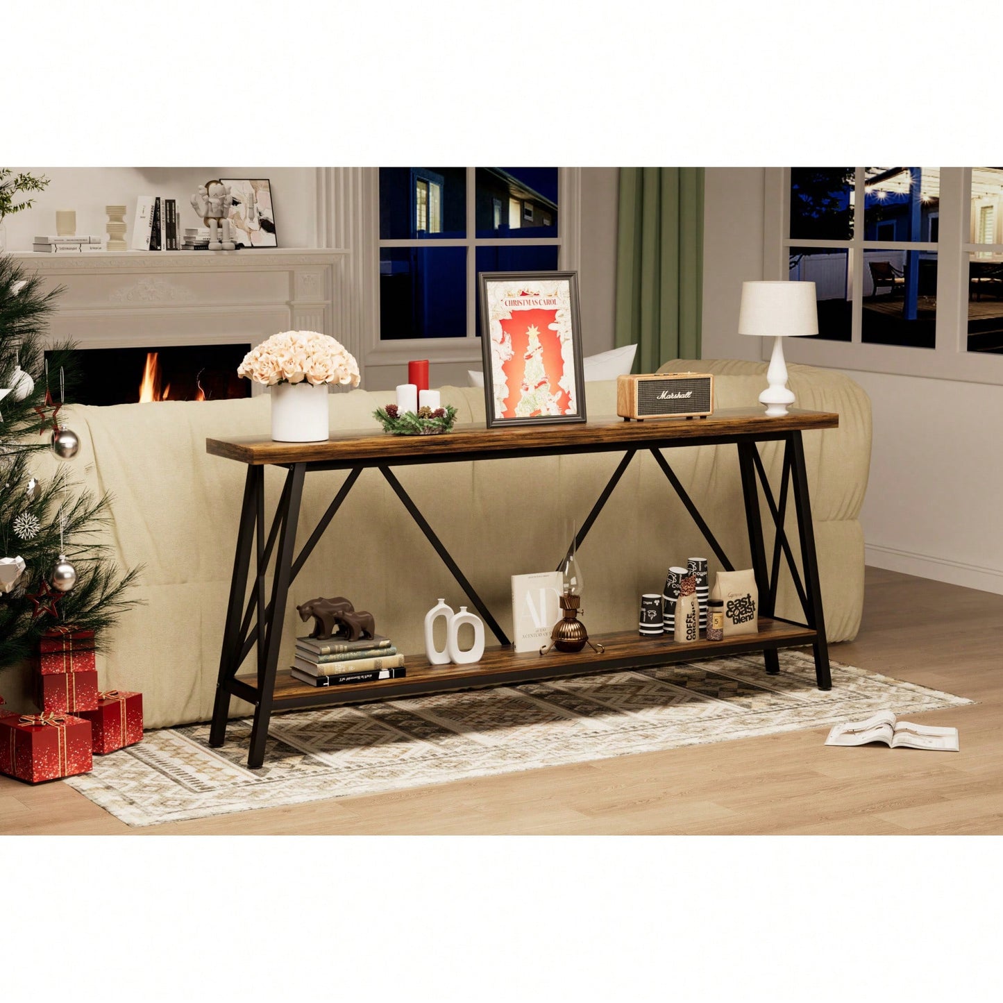 Extra Long 70.9 Inch Rustic Gray Console Table With 2 Tier Storage Shelves For Hallways Living Rooms And Entryways