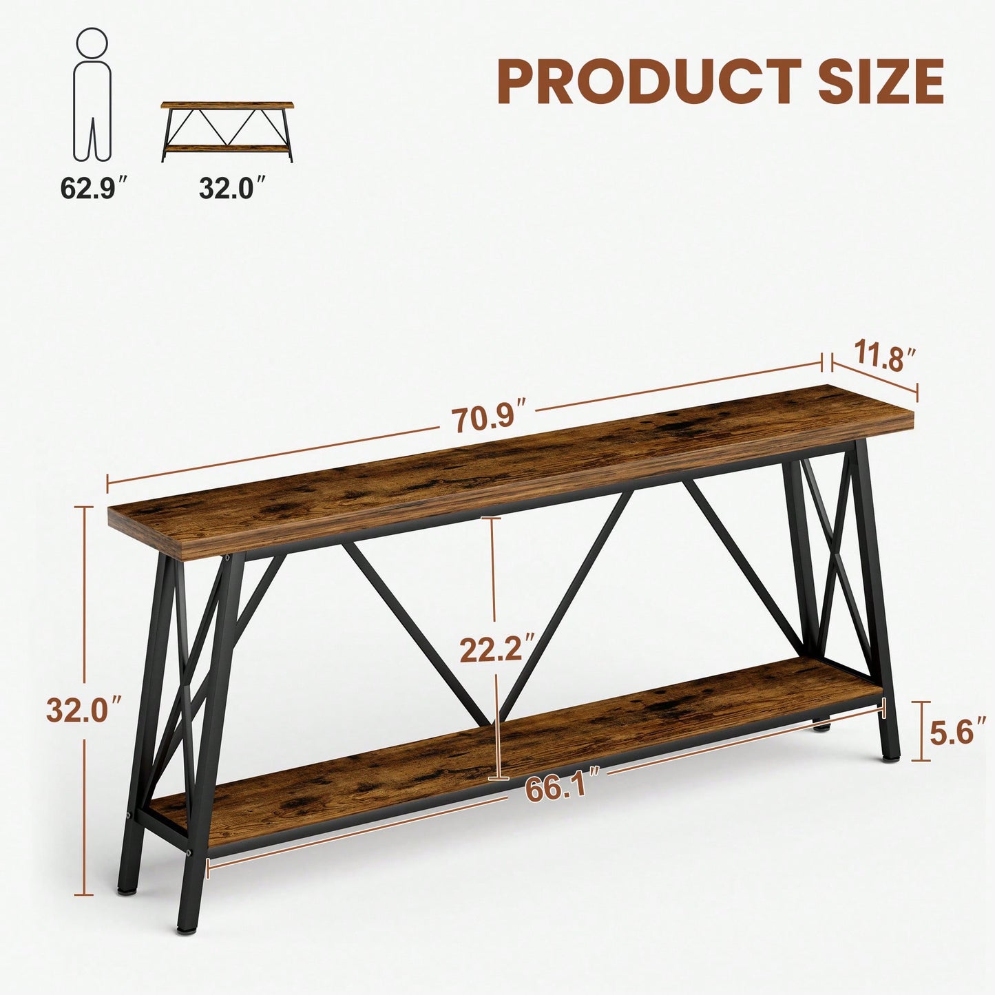 Extra Long 70.9 Inch Rustic Gray Console Table With 2 Tier Storage Shelves For Hallways Living Rooms And Entryways
