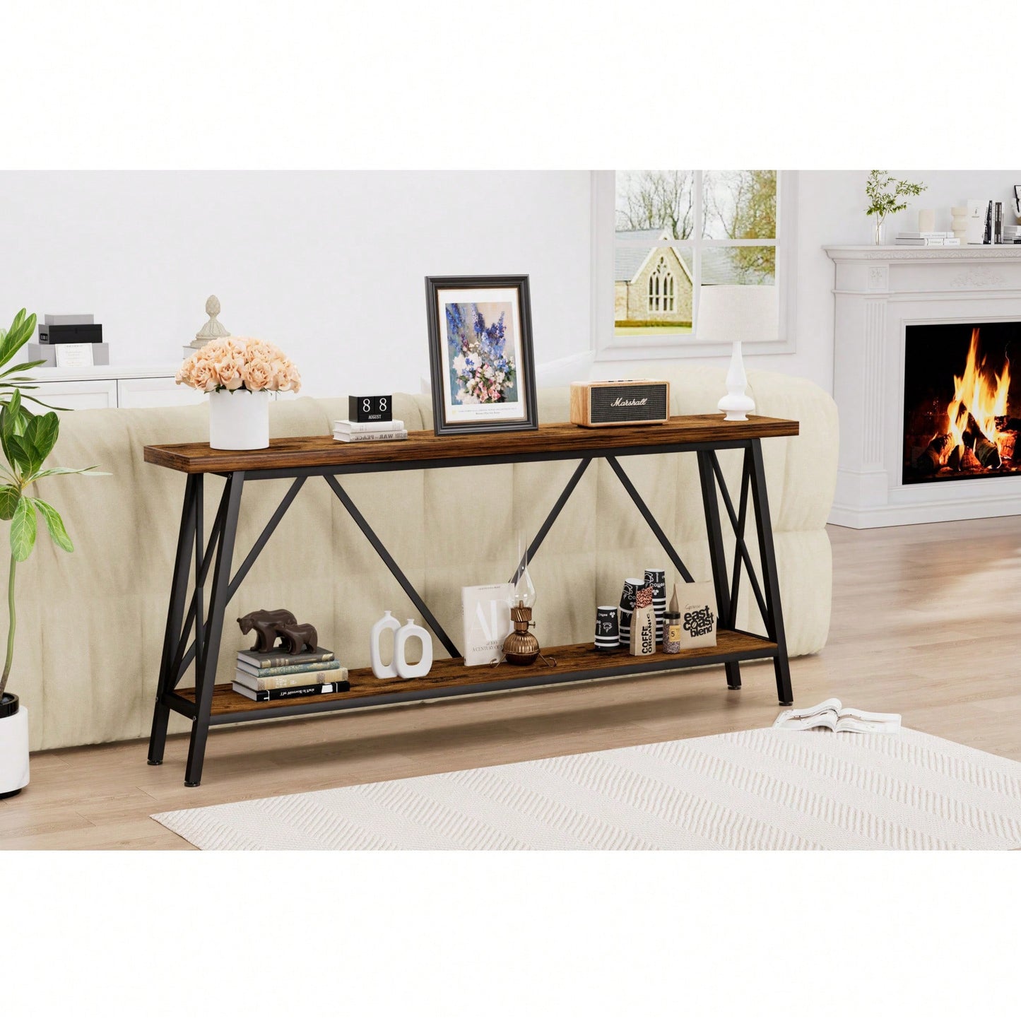 Extra Long 70.9 Inch Rustic Gray Console Table With 2 Tier Storage Shelves For Hallways Living Rooms And Entryways