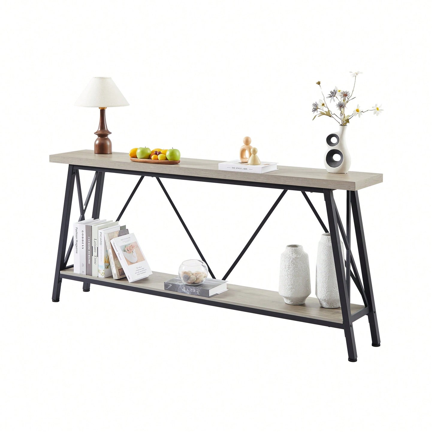 Extra Long 70.9 Inch Rustic Gray Console Table With 2 Tier Storage Shelves For Hallways Living Rooms And Entryways