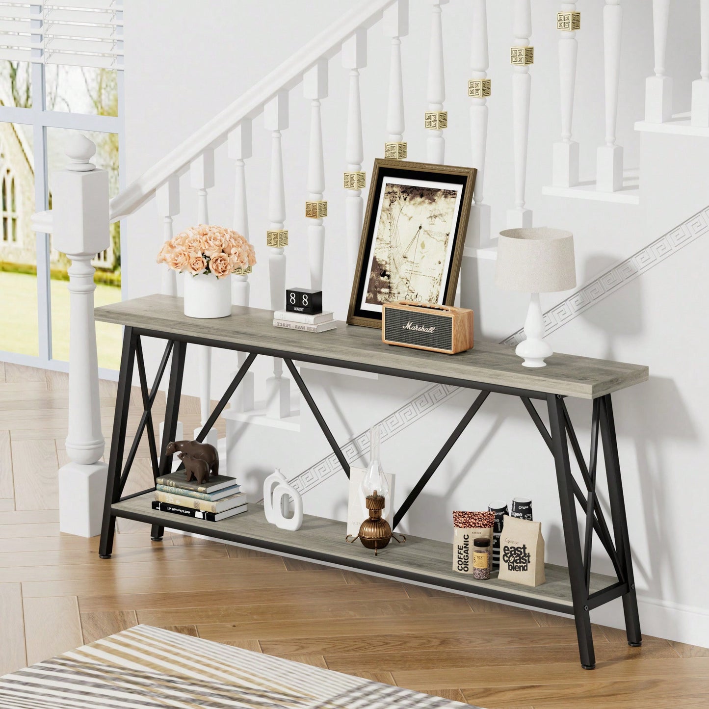 Extra Long 70.9 Inch Rustic Gray Console Table With 2 Tier Storage Shelves For Hallways Living Rooms And Entryways