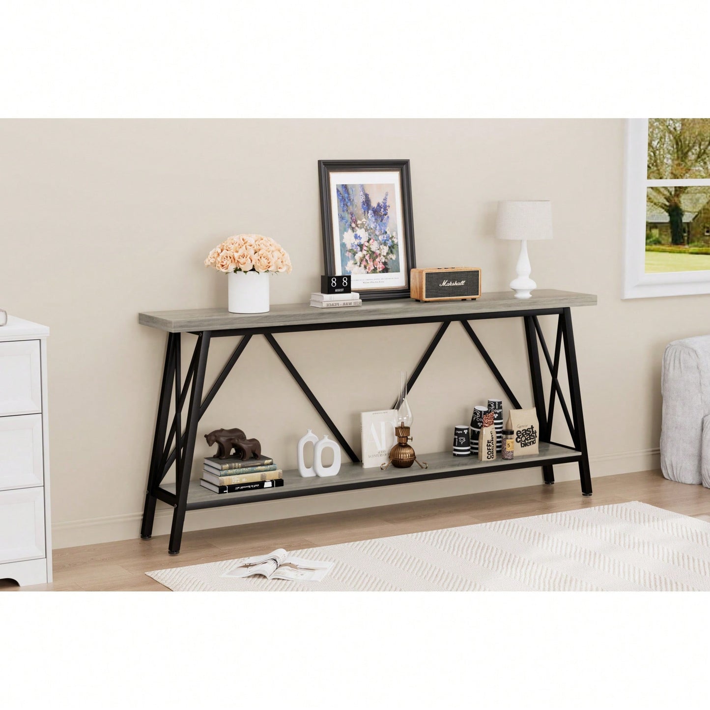 Extra Long 70.9 Inch Rustic Gray Console Table With 2 Tier Storage Shelves For Hallways Living Rooms And Entryways