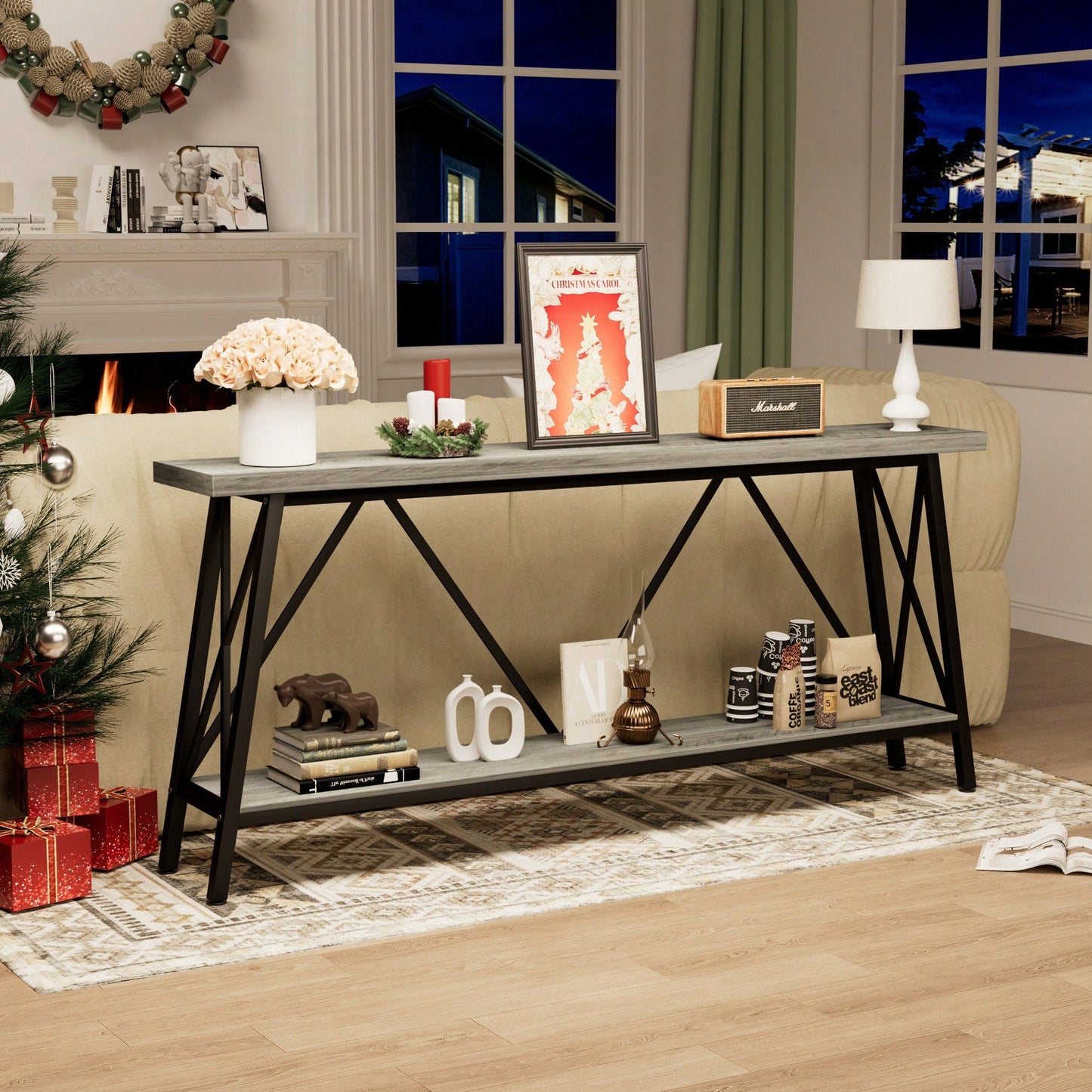 Extra Long 70.9 Inch Rustic Gray Console Table With 2 Tier Storage Shelves For Hallways Living Rooms And Entryways