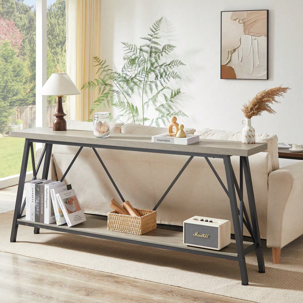 Extra Long 70.9 Inch Rustic Gray Console Table With 2 Tier Storage Shelves For Hallways Living Rooms And Entryways