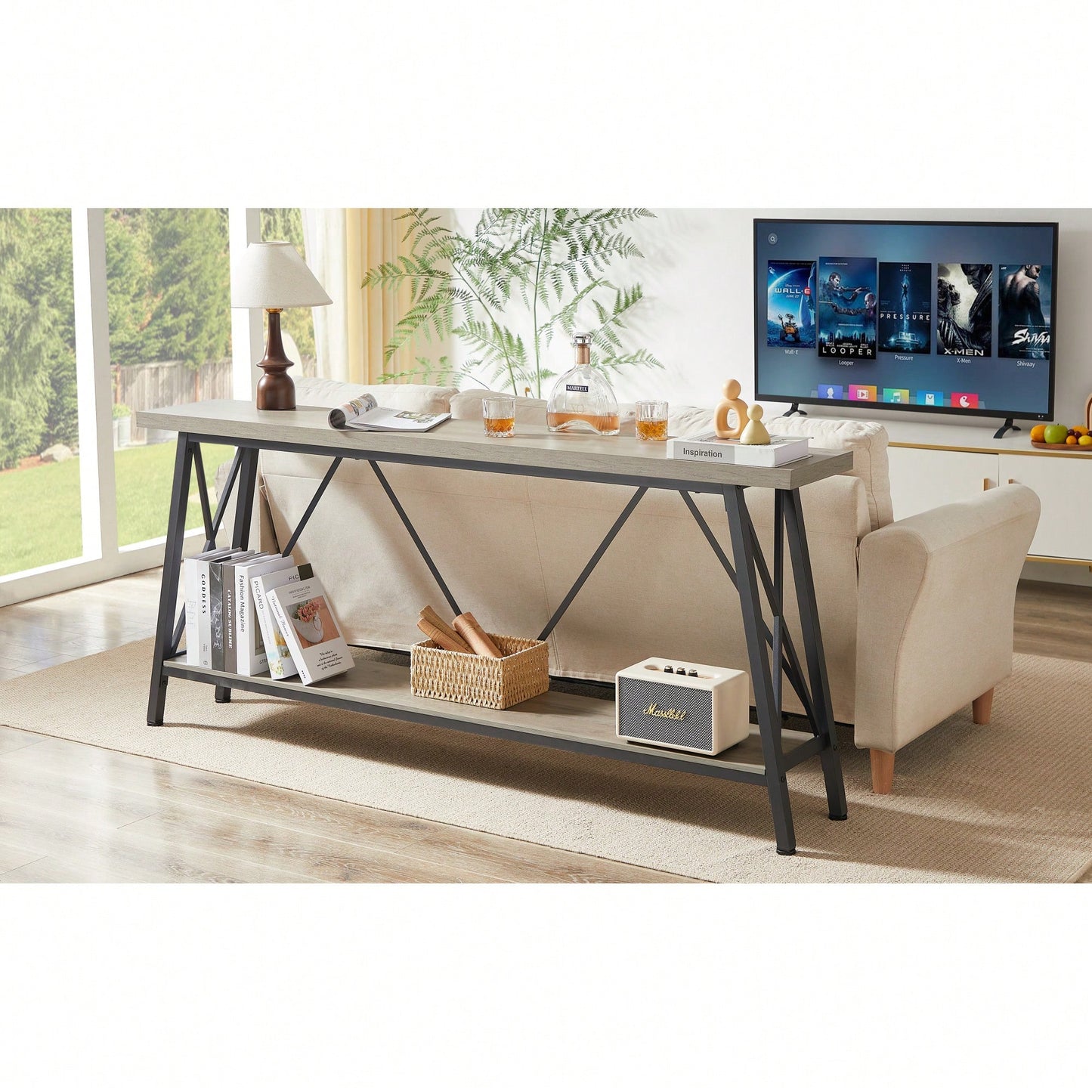 Extra Long 70.9 Inch Rustic Gray Console Table With 2 Tier Storage Shelves For Hallways Living Rooms And Entryways