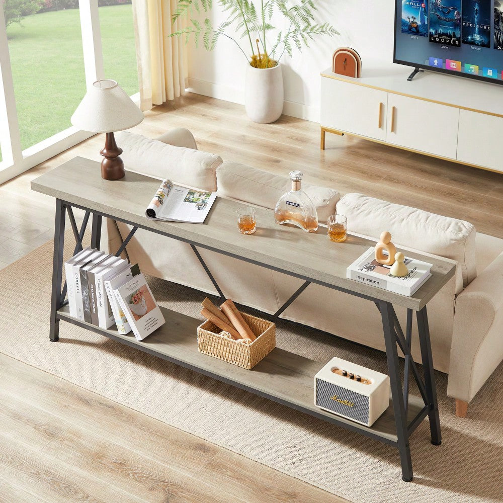 Extra Long 70.9 Inch Rustic Gray Console Table With 2 Tier Storage Shelves For Hallways Living Rooms And Entryways