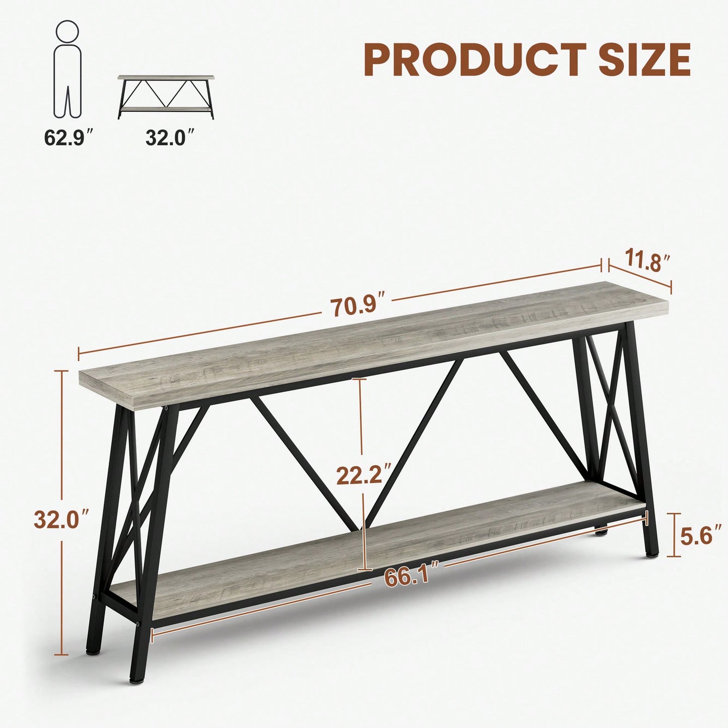 Extra Long 70.9 Inch Rustic Gray Console Table With 2 Tier Storage Shelves For Hallways Living Rooms And Entryways