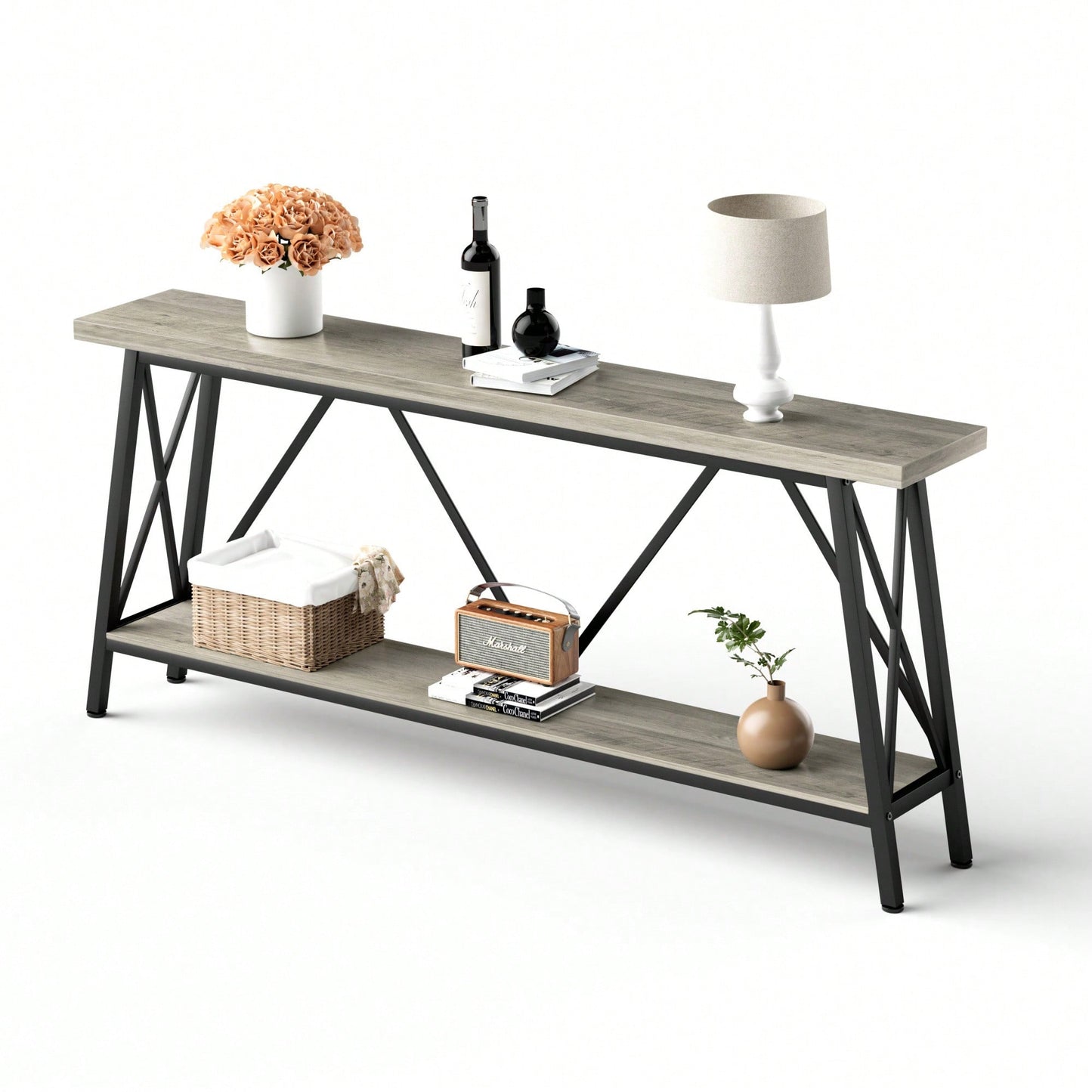 Extra Long 70.9 Inch Rustic Gray Console Table With 2 Tier Storage Shelves For Hallways Living Rooms And Entryways