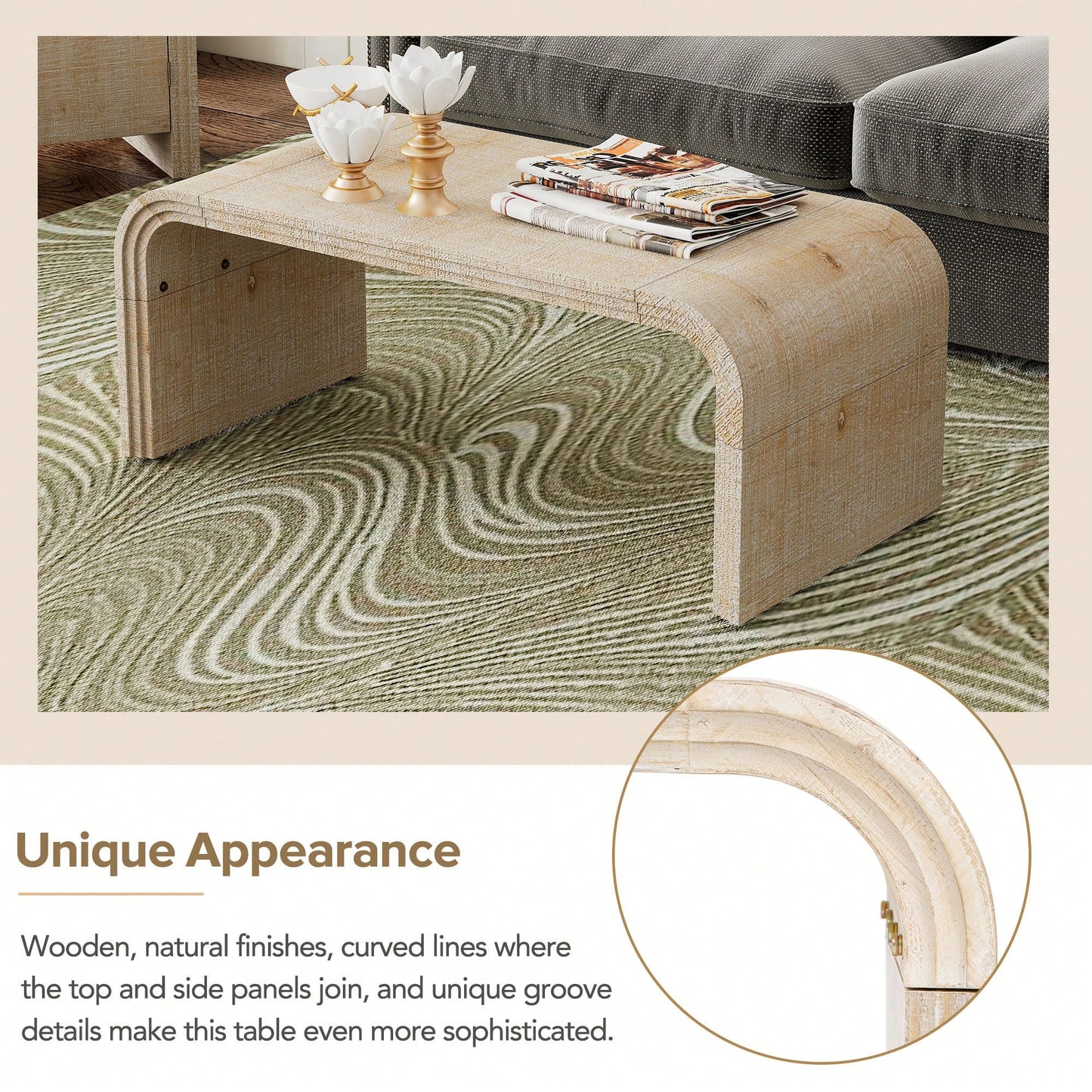 Curved Art Deco Minimalist Coffee Table For Living Room Or Dining Room Antique Black Finish