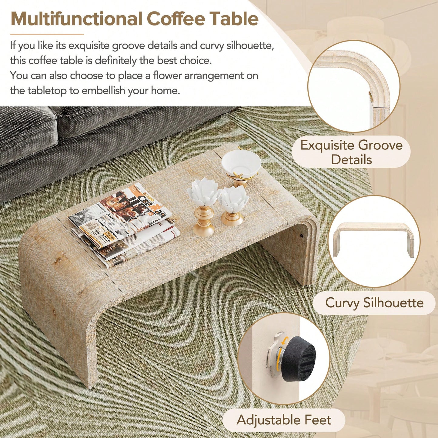 Curved Art Deco Minimalist Coffee Table For Living Room Or Dining Room Antique Black Finish