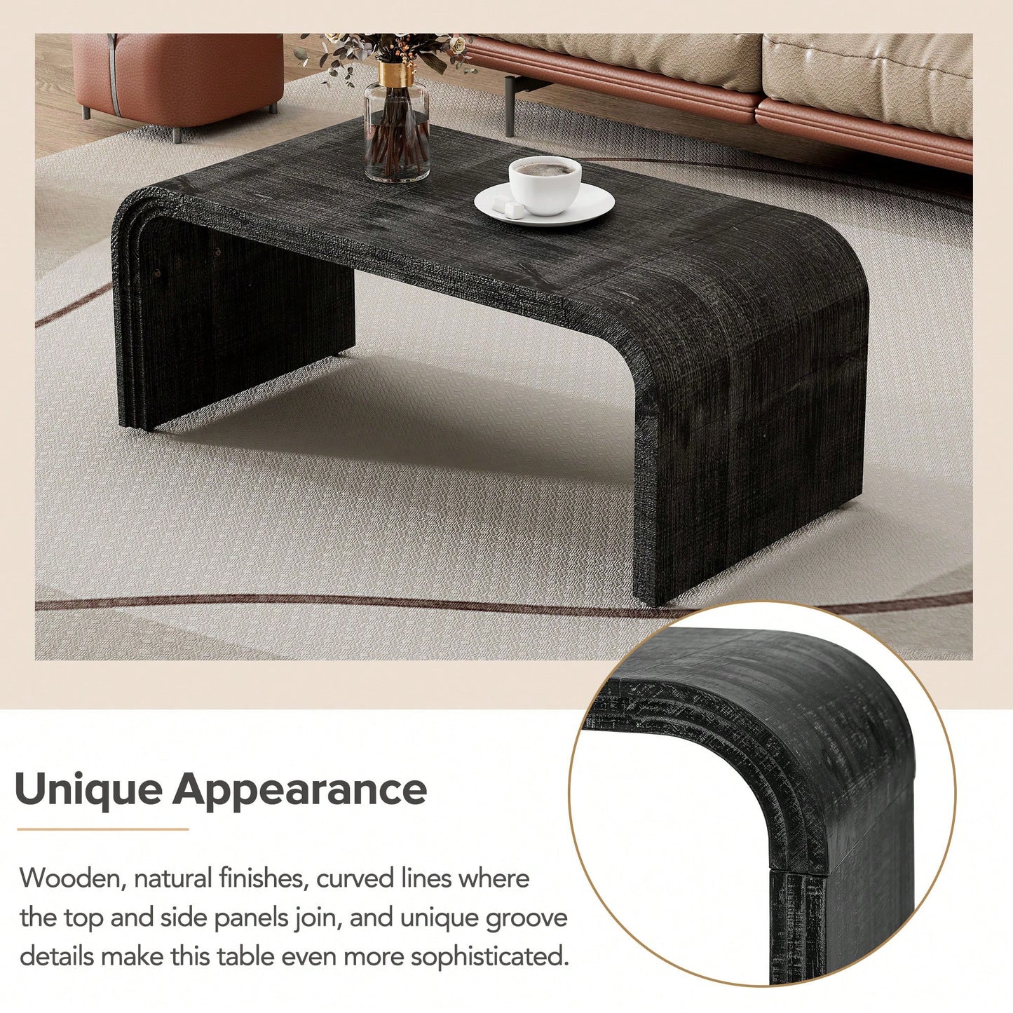 Curved Art Deco Minimalist Coffee Table For Living Room Or Dining Room Antique Black Finish