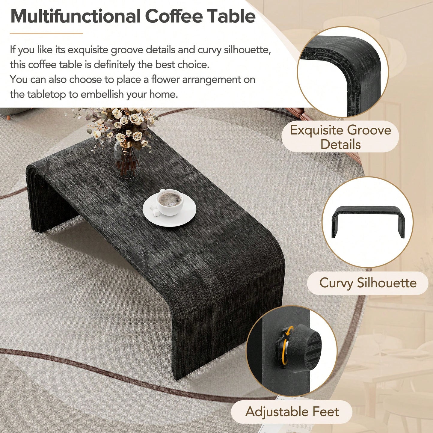 Curved Art Deco Minimalist Coffee Table For Living Room Or Dining Room Antique Black Finish
