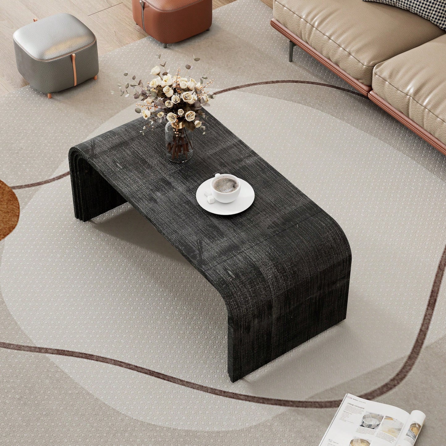 Curved Art Deco Minimalist Coffee Table For Living Room Or Dining Room Antique Black Finish