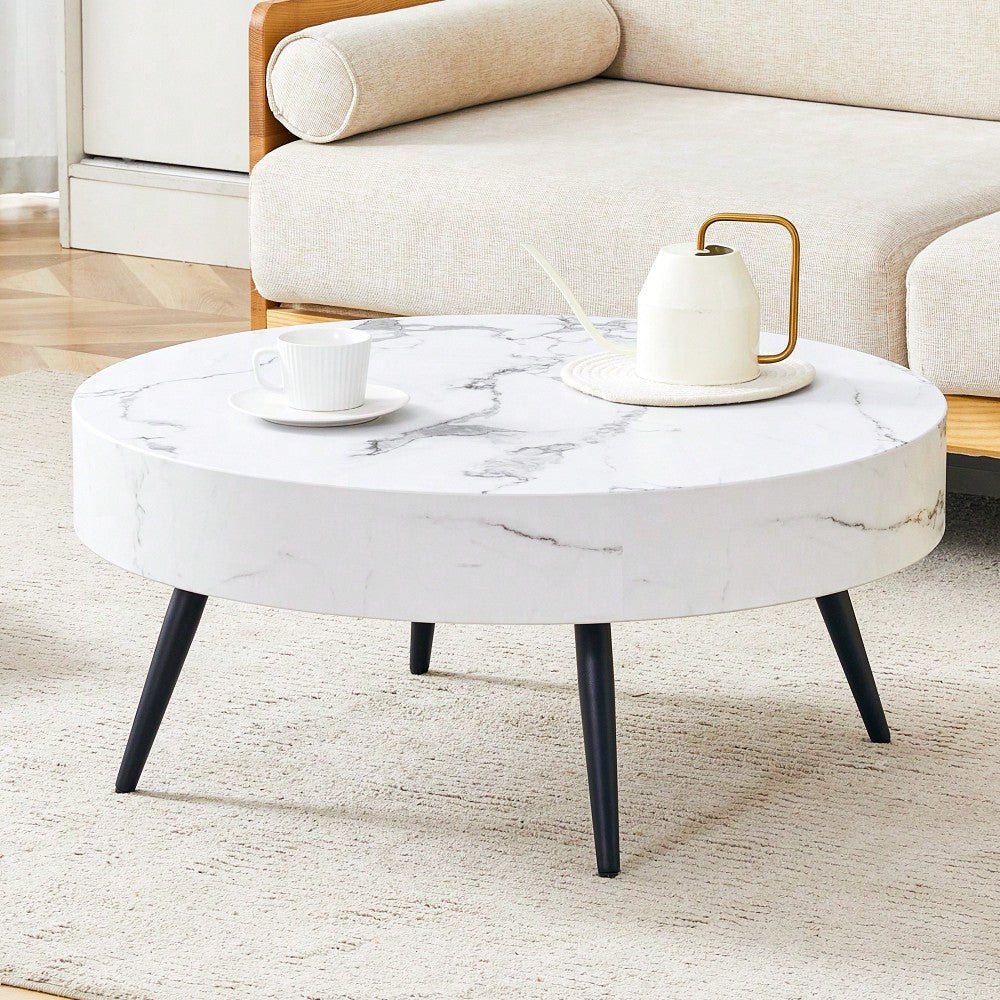 Marble Round Coffee Table With Black Metal Legs And Adjustable Feet White