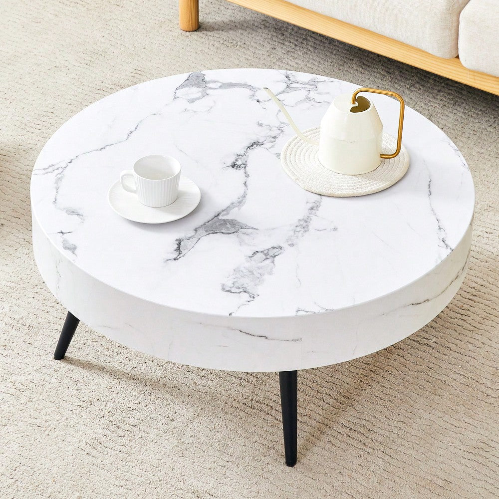 Marble Round Coffee Table With Black Metal Legs And Adjustable Feet White