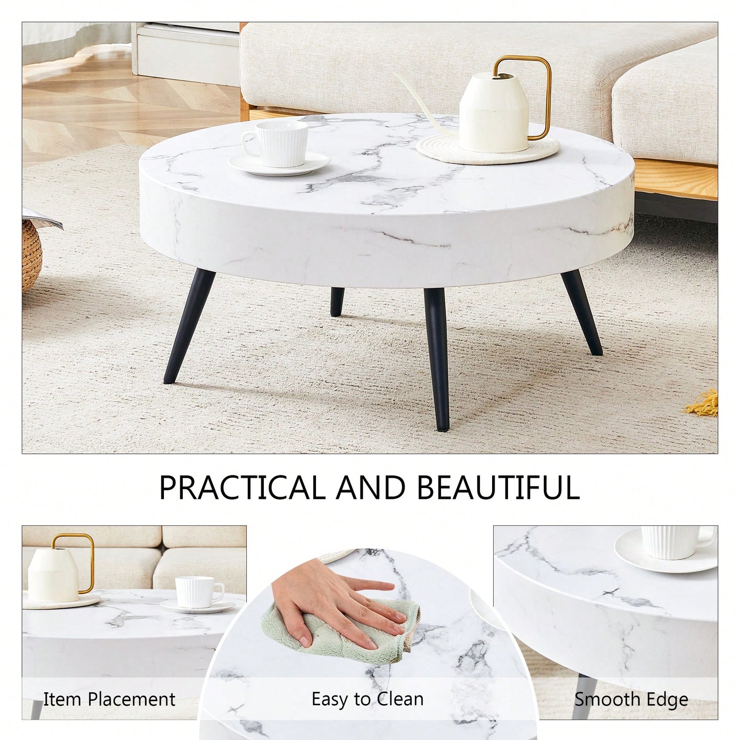 Marble Round Coffee Table With Black Metal Legs And Adjustable Feet White