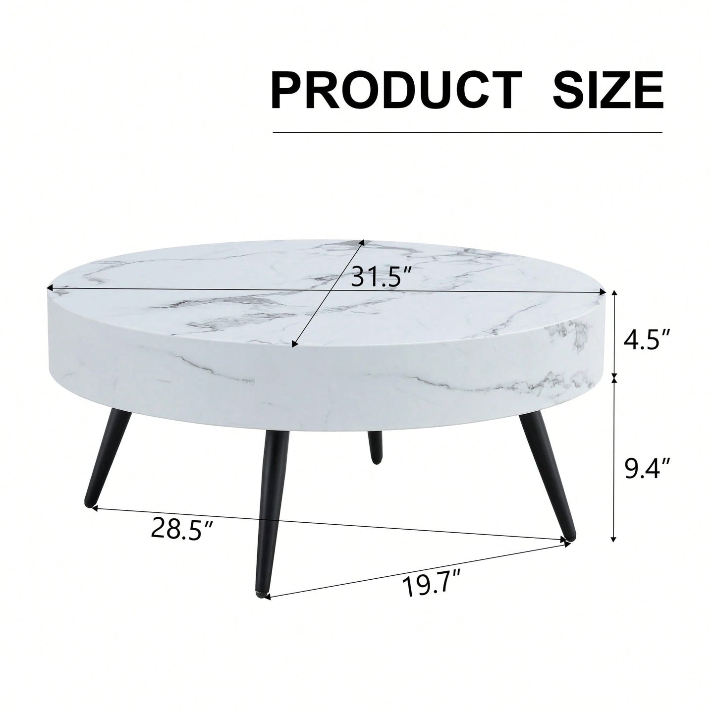 Marble Round Coffee Table With Black Metal Legs And Adjustable Feet White