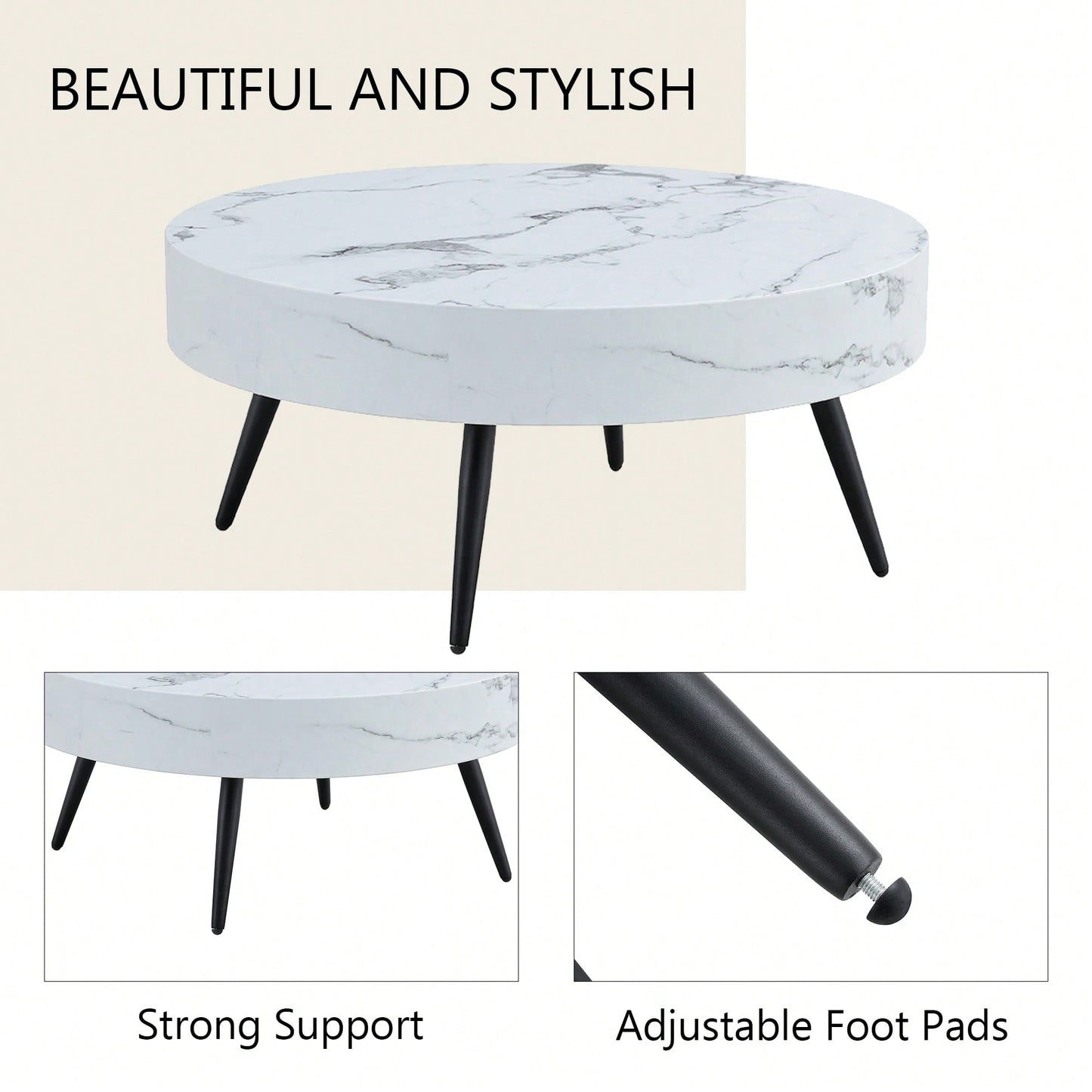 Marble Round Coffee Table With Black Metal Legs And Adjustable Feet White