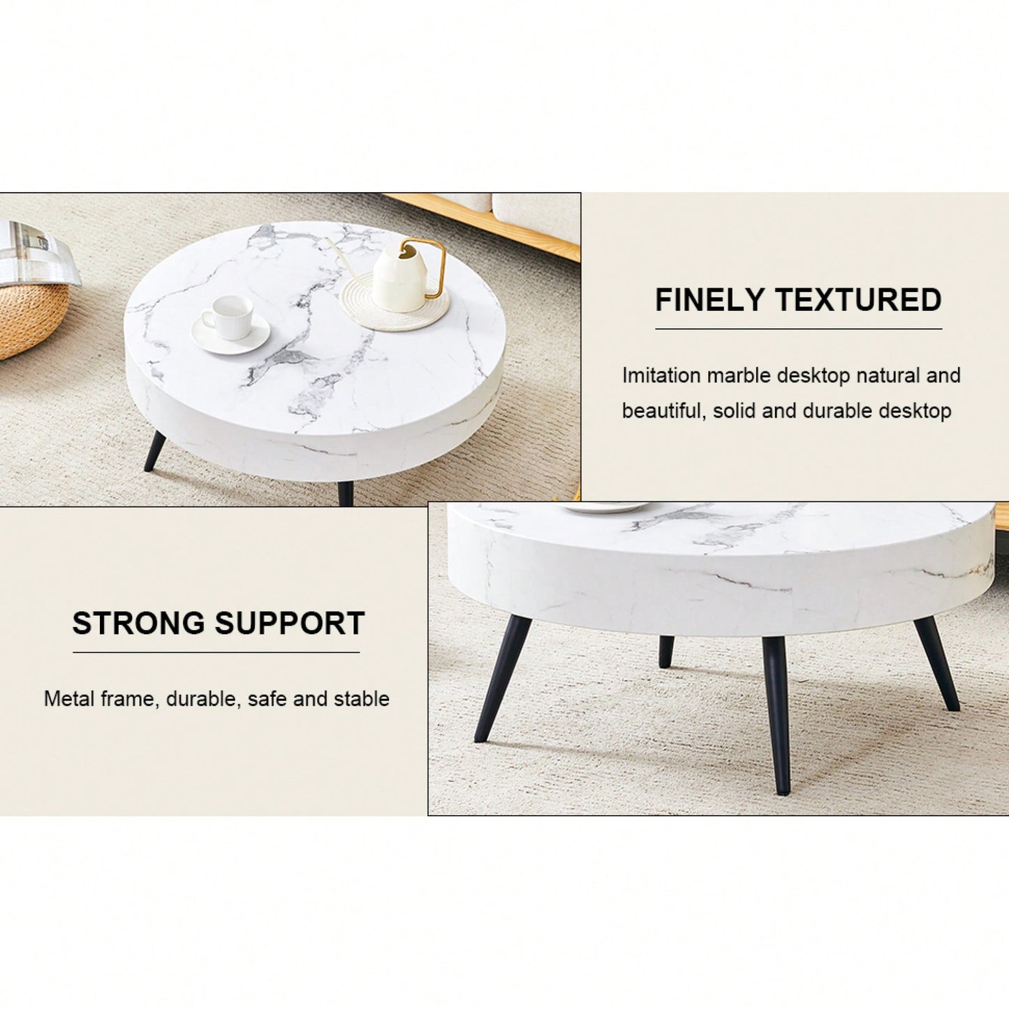 Marble Round Coffee Table With Black Metal Legs And Adjustable Feet White