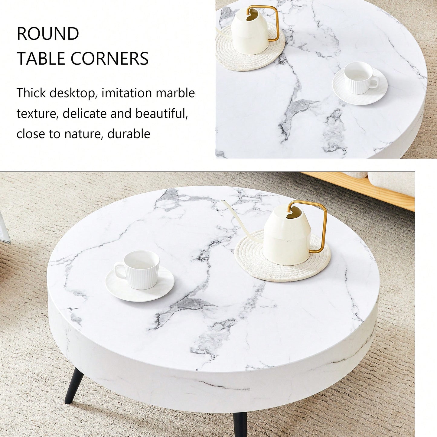 Marble Round Coffee Table With Black Metal Legs And Adjustable Feet White