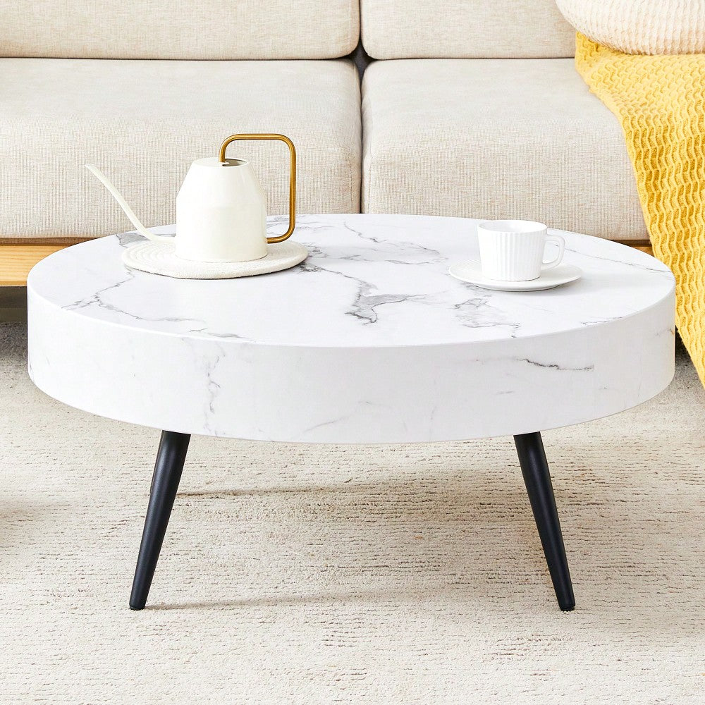 Marble Round Coffee Table With Black Metal Legs And Adjustable Feet White