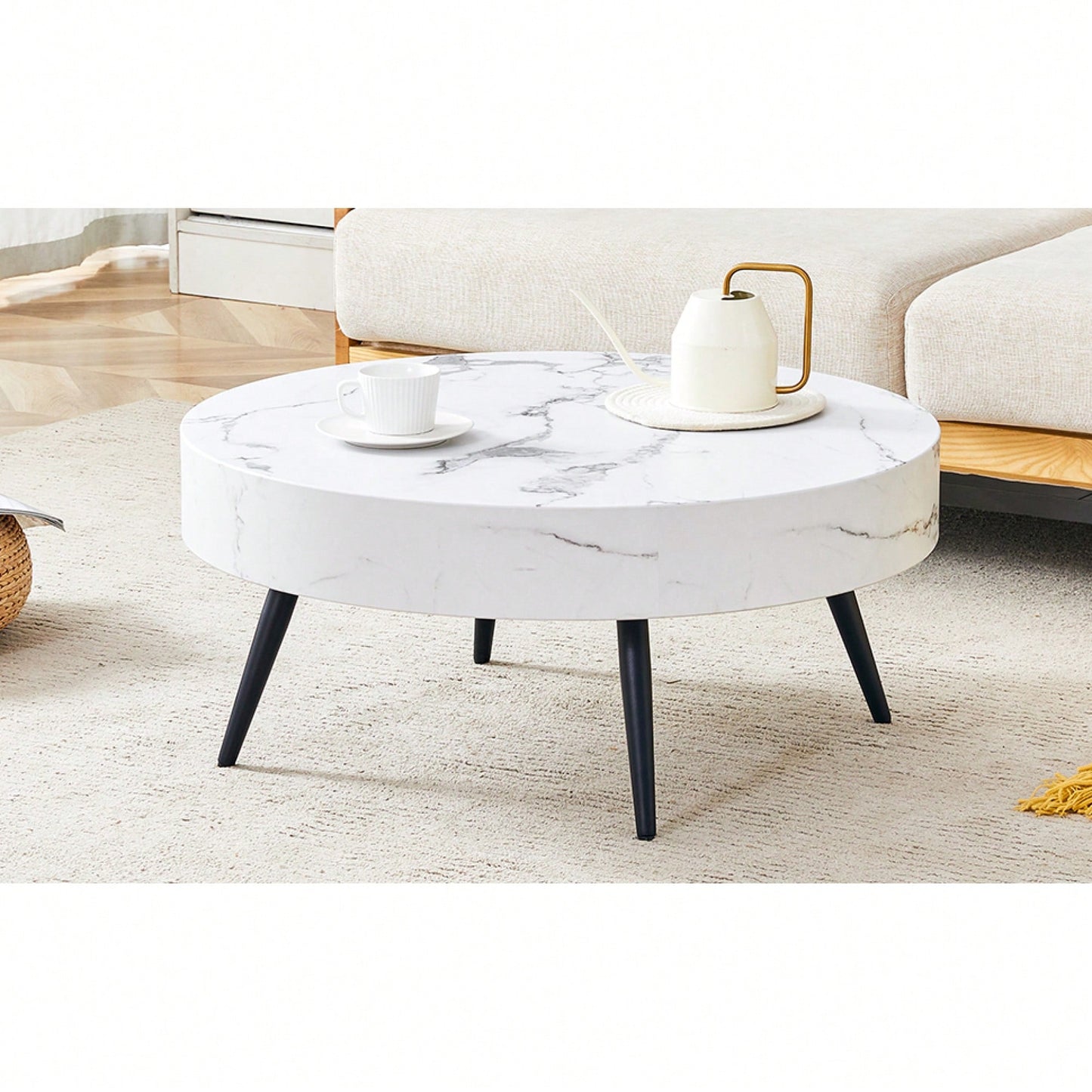 Marble Round Coffee Table With Black Metal Legs And Adjustable Feet White