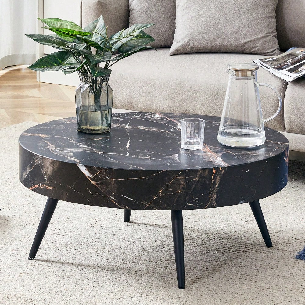 Marble Round Coffee Table With Black Metal Legs And Adjustable Feet White
