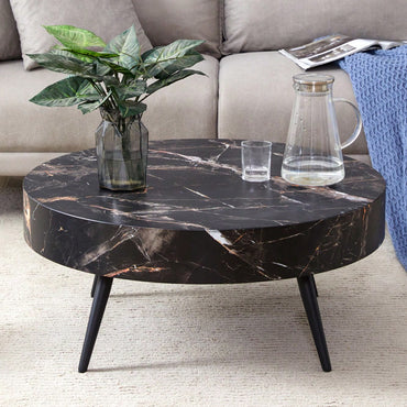 Marble Round Coffee Table With Black Metal Legs And Adjustable Feet White